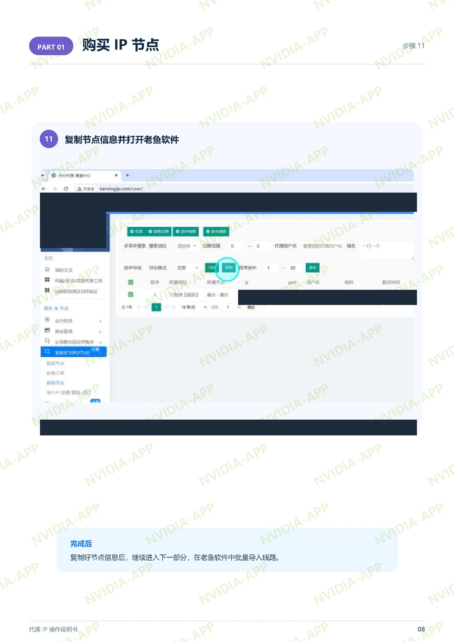 购买节点 · 步骤 11:复制节点信息并打开老鱼软件,含操作位置标注,账号及节点资料已遮挡