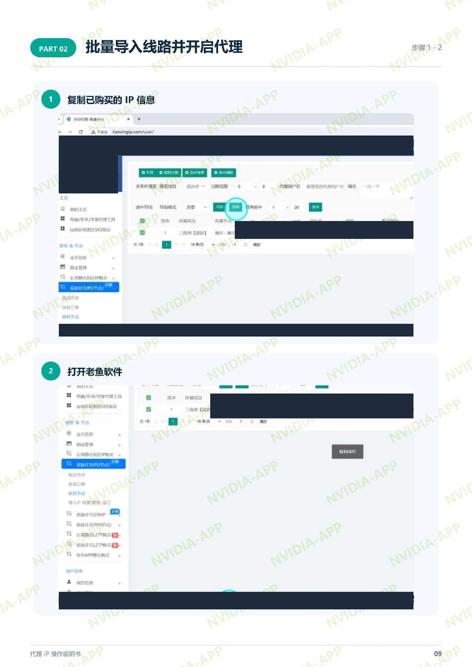 导入代理 · 步骤 1–2:复制 IP 信息并打开老鱼软件,含操作位置标注,账号及节点资料已遮挡